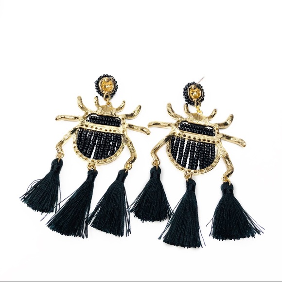 BLACK BEETLE STATEMENT BEADED BUG EARRINGS TASSEL - Picture 6 of 6